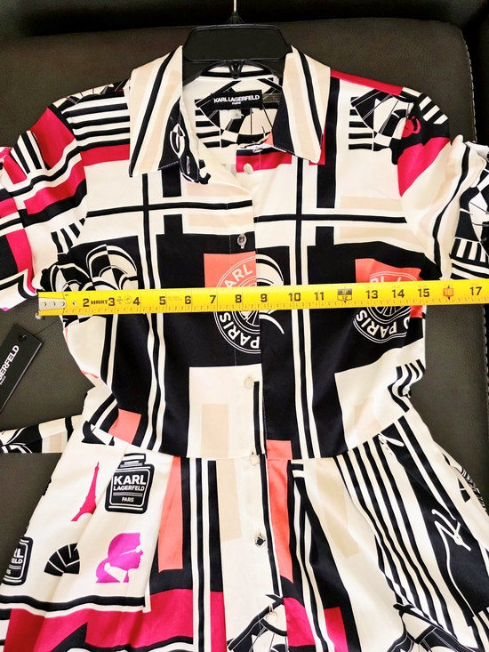 NWT Karl Lagerfeld Paris Logo Printed Shirt Dress Black White Coral Pink - US 2 - Picture 10 of 12